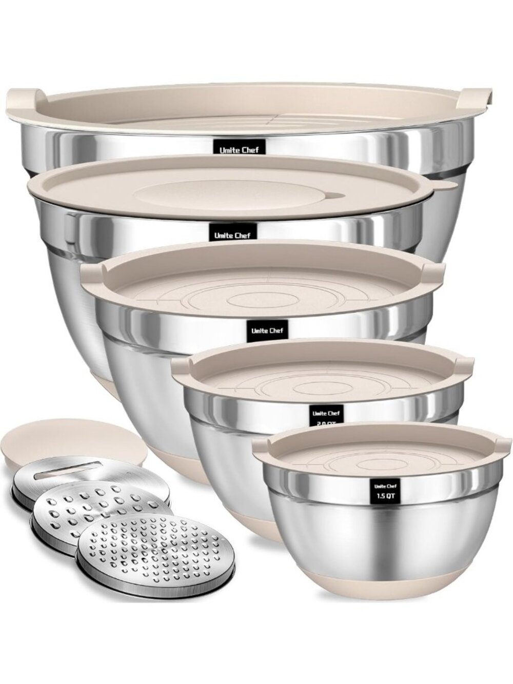 8PC Stainless Steel Mixing Bowls Set with Airtight Lids & Grater Attachments